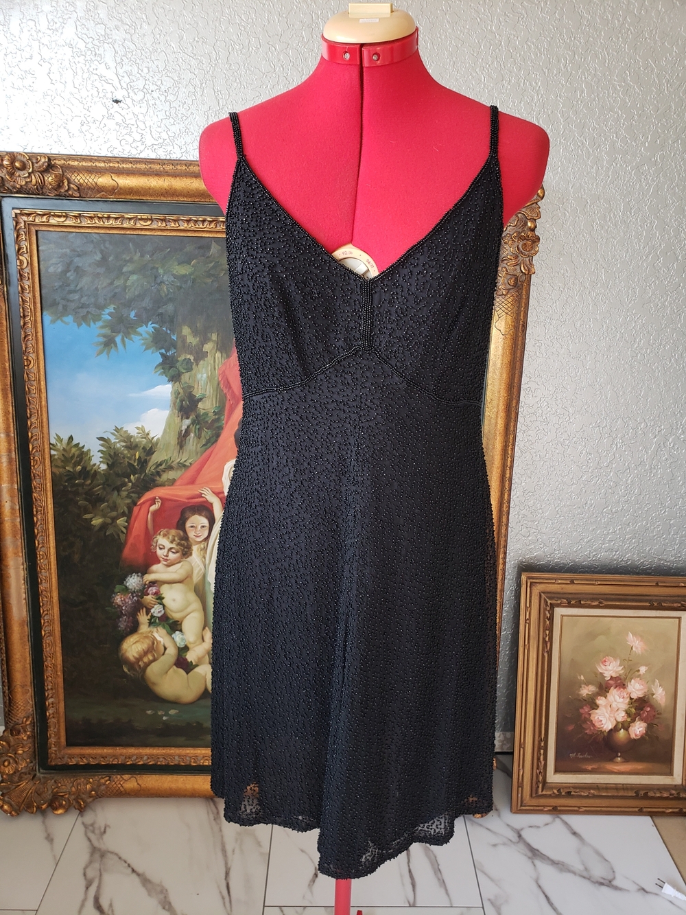 Adrianna Papell Black Beaded Spaghetti Strap Mini Dress